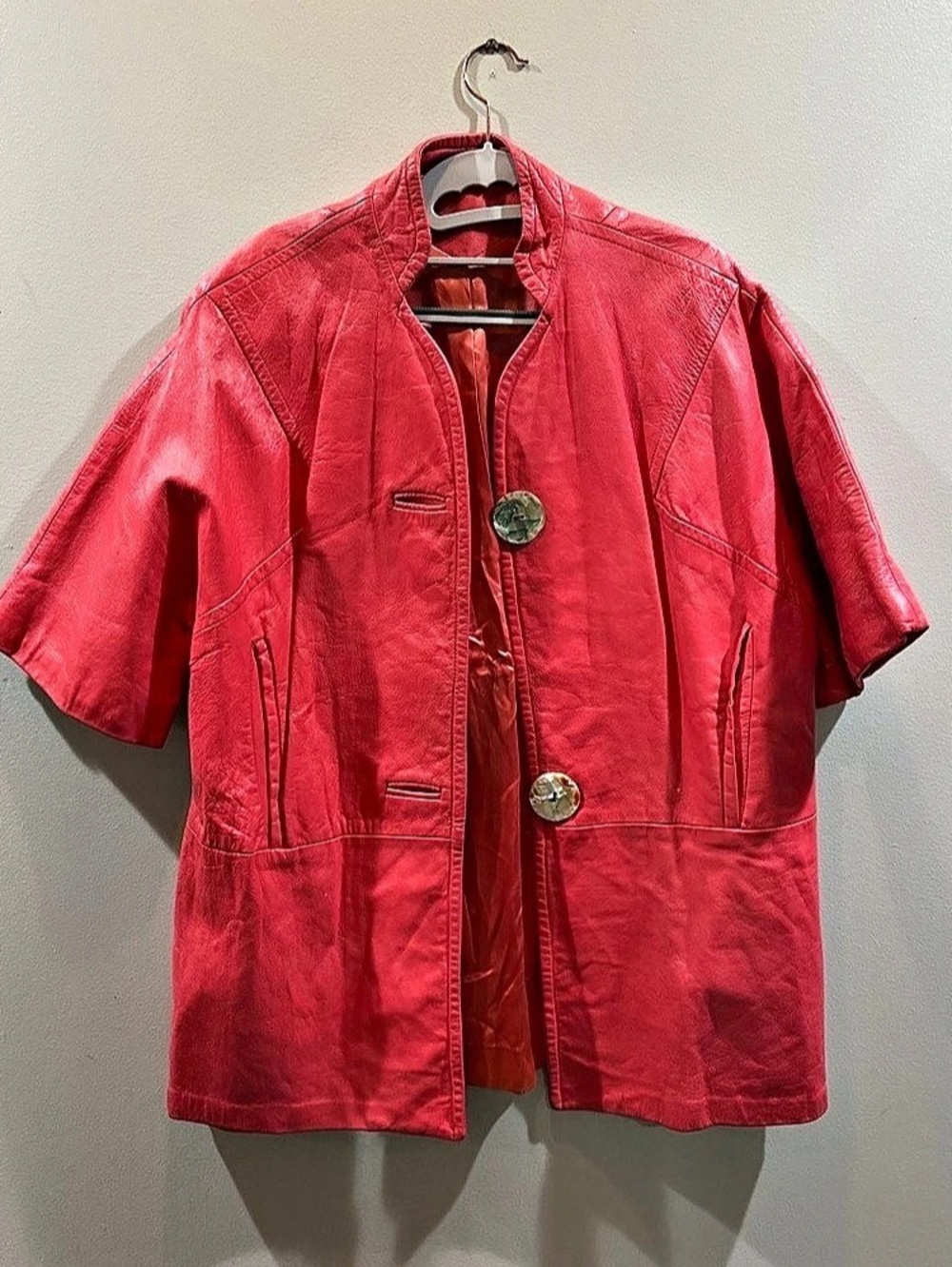 80s vintage Hot Pink Leather Short Sleeve Jacket